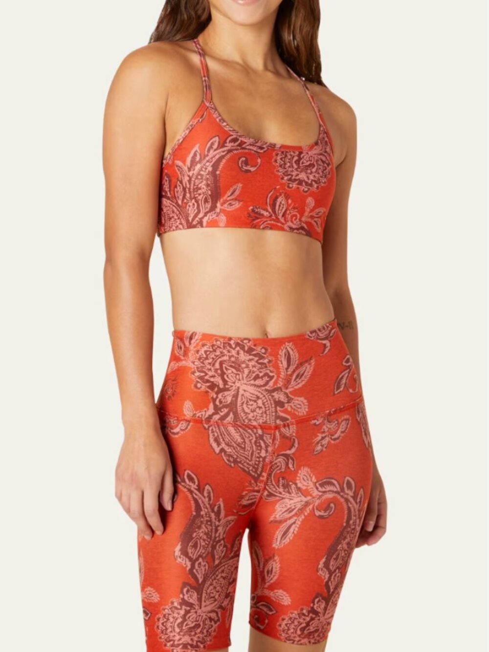 Beyond Yoga Paisley SoftMark Slim Racerback Sports Bra Chai Paprika Paisley S